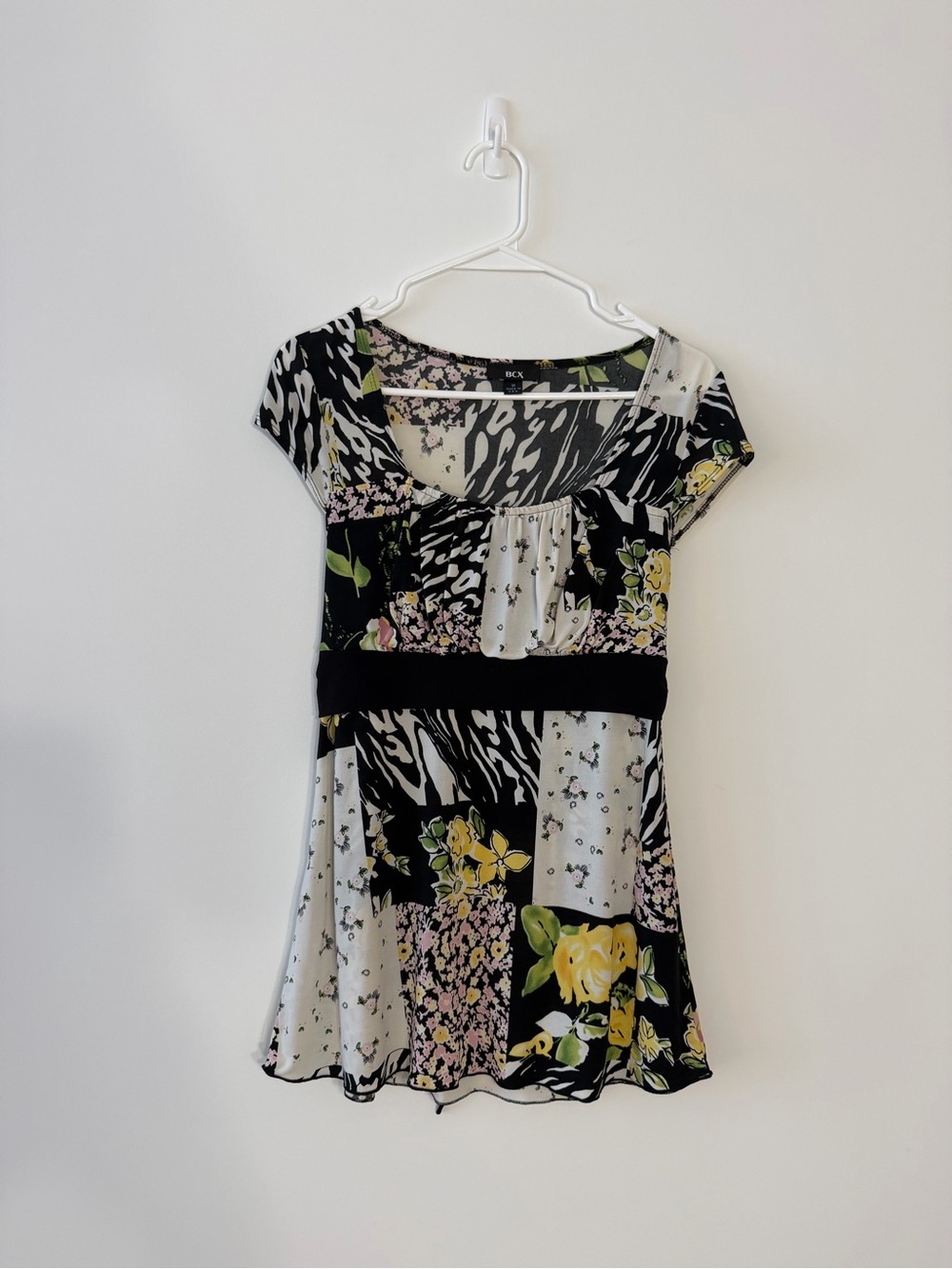 BCX Black, White & Yellow Floral Patchwork Top